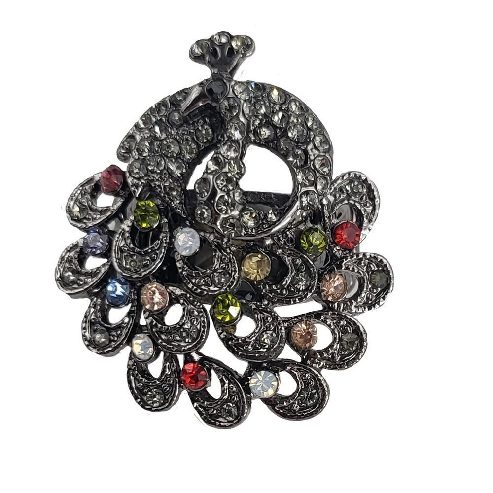 Gunmetal Tone Multicolor Bejeweled Design Peacock Stretch Cocktail Ring